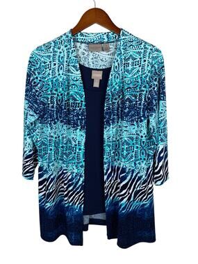 Chicos Cardigan Tank Top Set 2-Piece Blue Open Front Stretchy Knit Women's 1 M 8